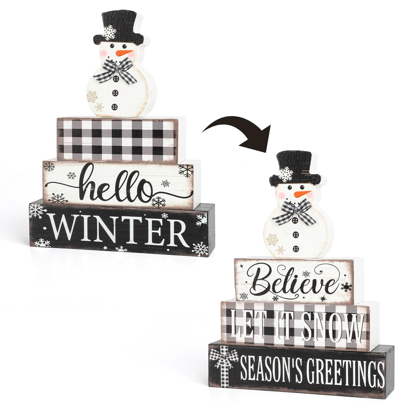 4 Pcs Christmas Decorations Indoor Wooden Snowman Table Sign Decor Table Centerpieces Xmas Merry Christmas Tabletop Block for Holiday Office Desk Tiered Tray Party Shelf Decor Double-sided Pattern