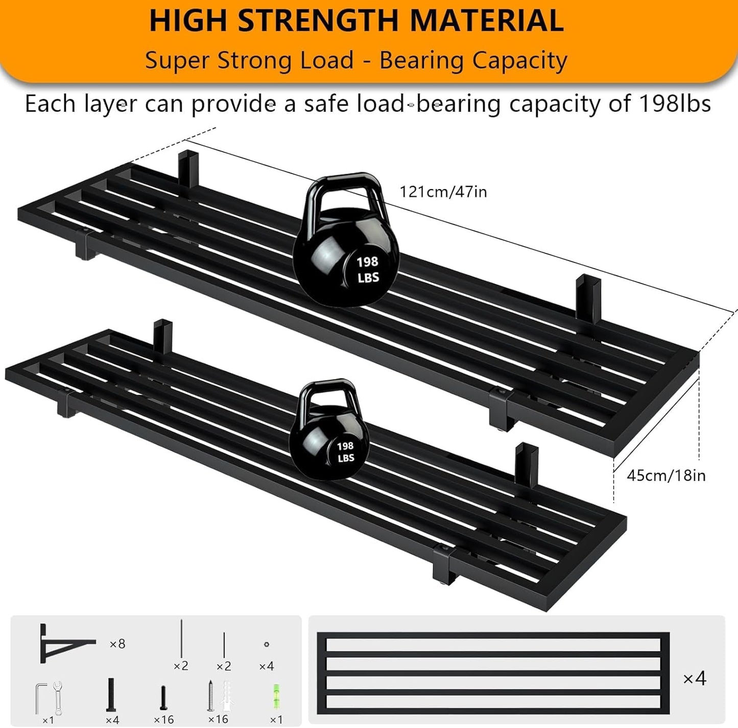 Noliven 4 Pack 1.5x4ft Garage Shelving Wall Mounted, 792lbs Load Capacity, Adjustable PowerTool Organizer, Heavy Duty Storage Rack, Ideal for Warehouse, Garage, Black