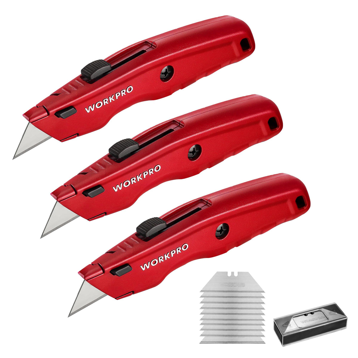 WORKPRO Premium Utility Knife, Retractable All Metal Heavy Duty Box Cutter, Quick Change Blade Razor Knife, 3PCS with 10 Extra Blades