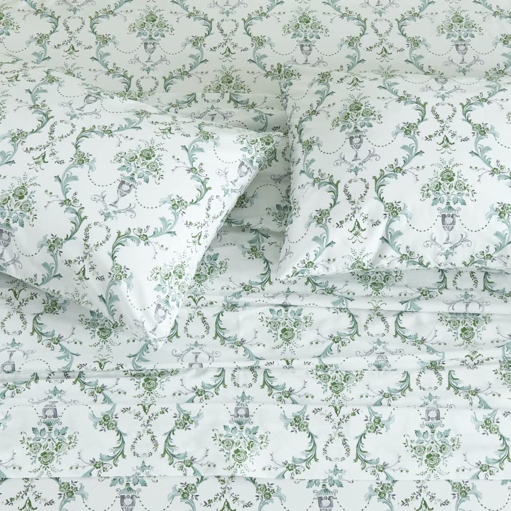 DAUAOTO 100% Cotton Sheets Set Twin Size Printed Bedding Sets, Up to 14" Deep Mattress, Botanical Vines Pattern Bedlinen Set, Green