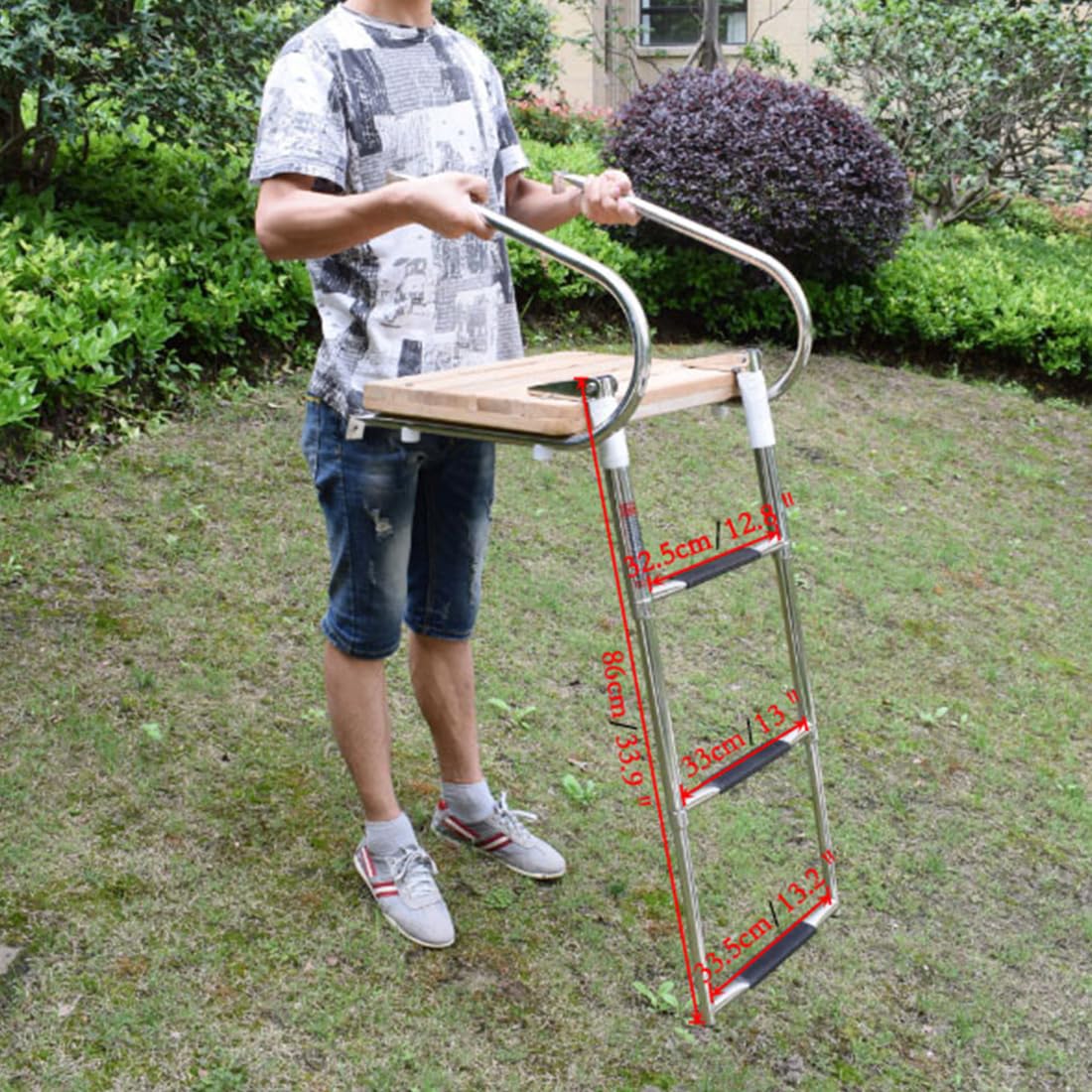 Telescoping 3-Step Swim Platform Ladder with Dual Handrails, Teak Stainless Steel Boat Boarding Ladder