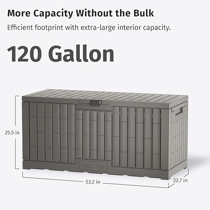 EAST OAK 120 Gallon Outdoor Storage Box | Large Resin Deck Box with Reinforced Stainless Steel Support | Waterproof & UV-Resistant Patio Storage Box for Cushions, Garden Tools & Pool Accessories, Grey