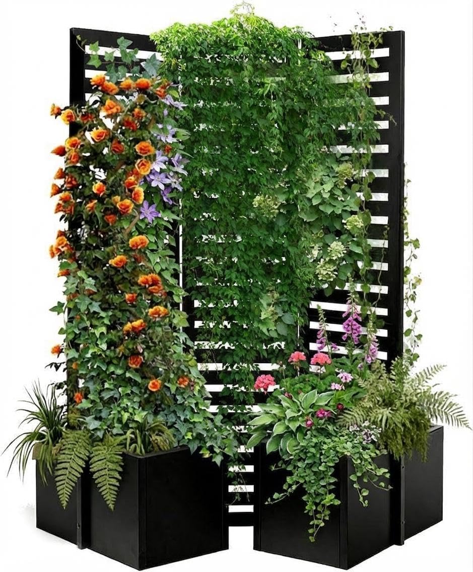 Garvee Metal Raised Garden Bed with Trellis and Privacy Screen, 71"H x 51"W x 31"D Garden Fence with 4 Self-Draining Raised Garden Beds for Climbing Plants Vegetables Vines, Outdoor Sturdy Planter Box