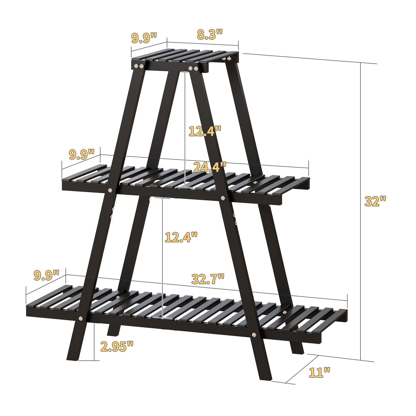 Furshus Bamboo Plant Stand Indoor/Outdoor, 3-Tier, Black, Rectangular, 8 Potted Flower Holder Ladder Plant Rack