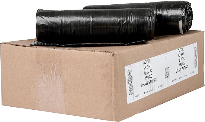 Aluf Plastics 33 Gallon 1 MIL Black Drawstring Tall Kitchen Garbage Bags
