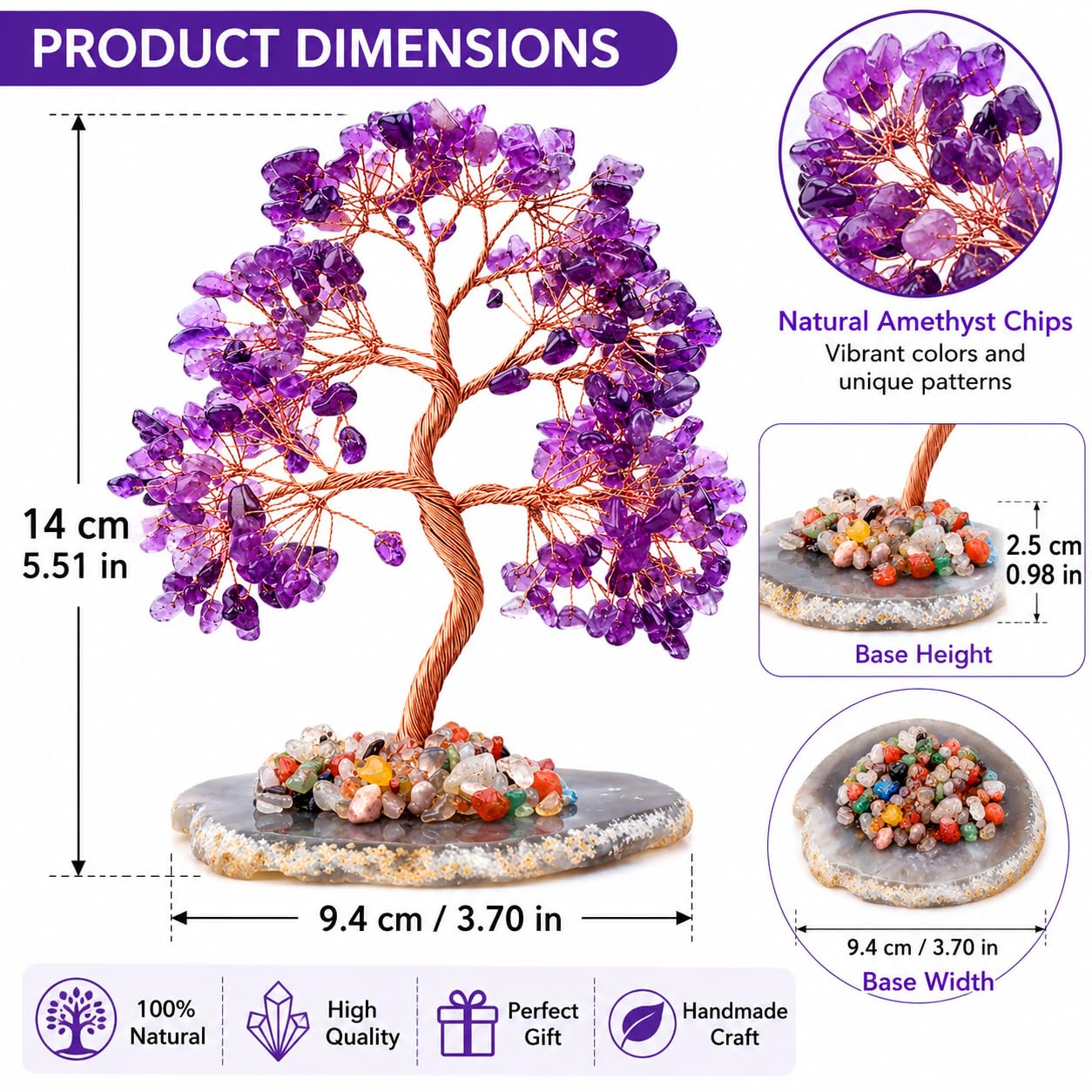 Geodora Amethyst Crystal Tree of Life, Healing Crystal Tree with Real Amethyst Stones, Chakra Tree of Life Crystal Tree for Positive Energy, Feng Shui Home Office Desk Decor, Spiritual Gifts for Women