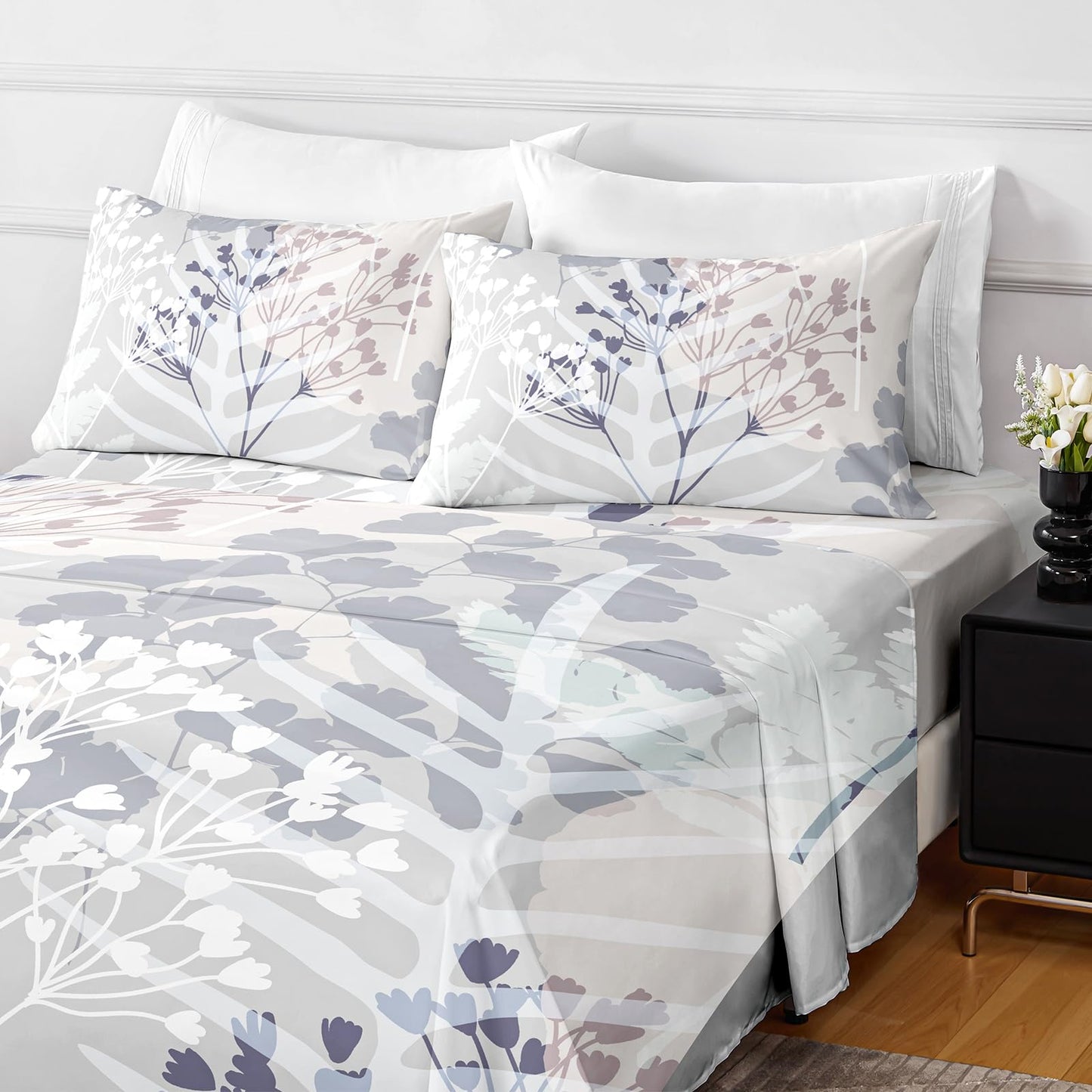 HCORA Floral King Size Sheets Set, Luxury 1800TC Hotel Quality Double Brushed Microfiber Deep Pocket Bed Sheets, Ultra Soft, Breathable and Cooling, 4PC, King
