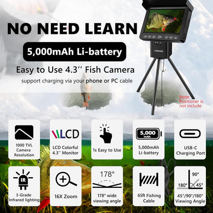 FishPRO Underwater Fishing Camera - MOQCQGR Portable 4.3'' 1000TVL (No Need Learn) Ice Fishing Camera Underwater 3-Grade IR Light, USB-C, 4X Zoom, Ice Fishing Fish Finder for Boat Lake Kayak, 65FT