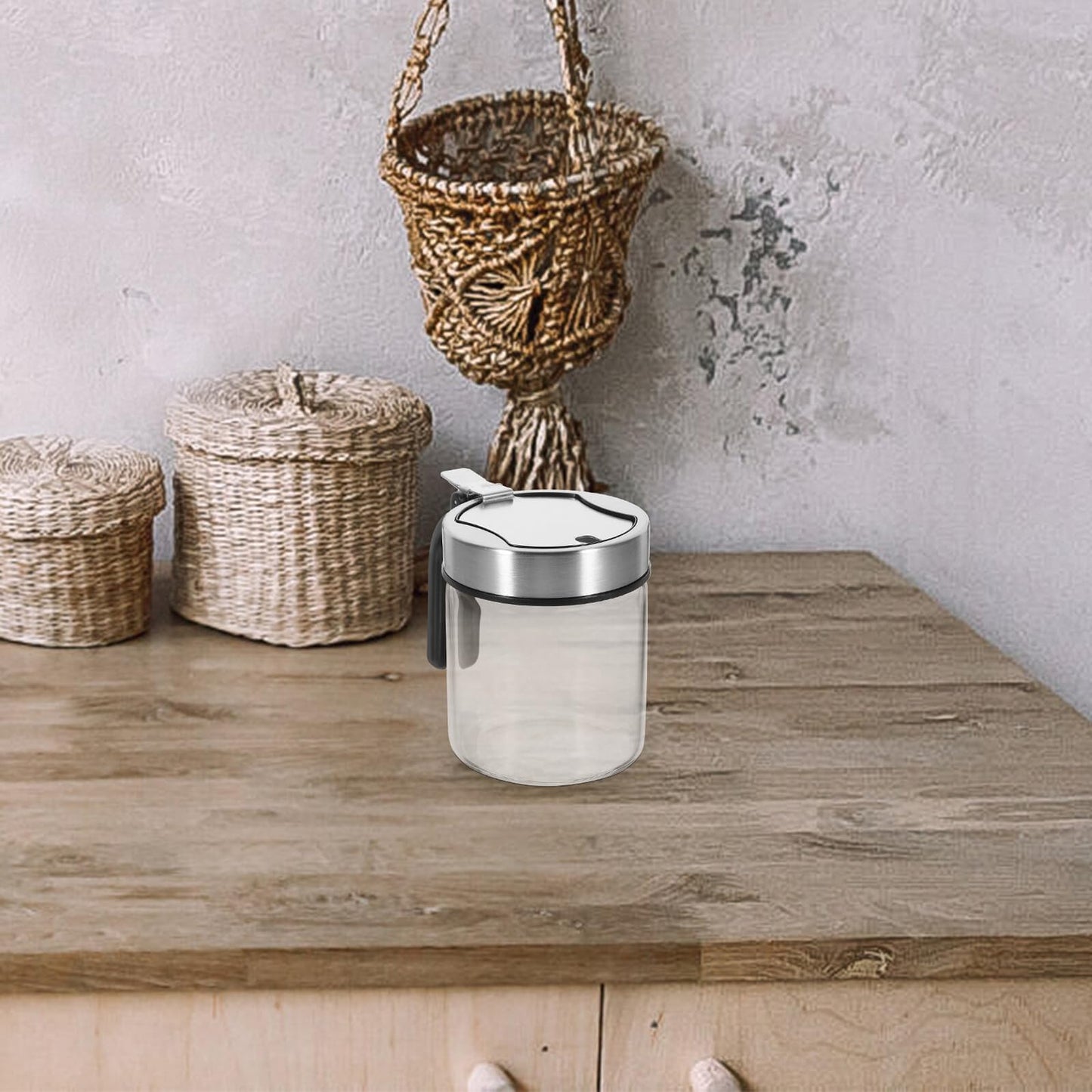 OSALADI Glass Seasoning Jar with Spoon and Stainless Steel Lid Transparent Kitchen Spice Container for Salt Sugar Pepper Storage Corrosion-resistant and Easy to Clean Condiment Bottle