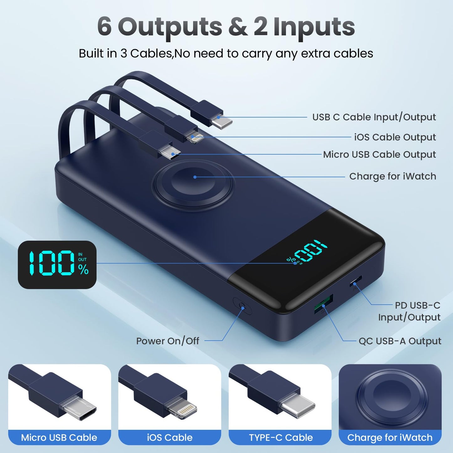 Wireless Portable Charger 40800mAh with 3 Built-in Cables,7-in-1 15W Wireless Charging Power Bank,25W PD QC 4.0 Fast Charging USB C LCD Display Battery Pack for iPhone 17/16/15/13,Samsung,Android etc