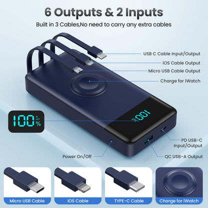 Wireless Portable Charger 40800mAh with 3 Built-in Cables,7-in-1 15W Wireless Charging Power Bank,25W PD QC 4.0 Fast Charging USB C LCD Display Battery Pack for iPhone 17/16/15/13,Samsung,Android etc