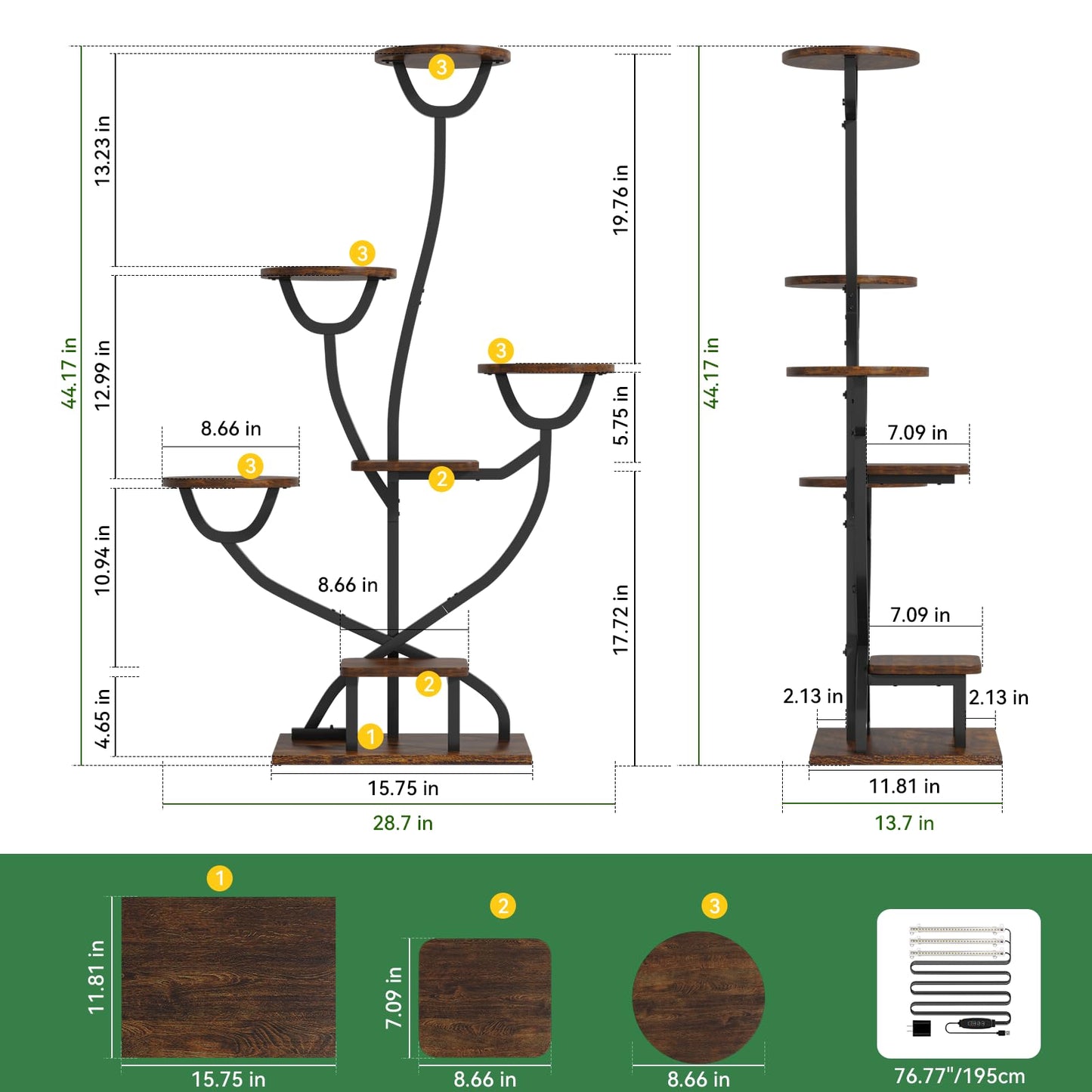 Plant Stand Indoor with Grow Lights - 44.2" Tall Plant Shelf, Lighted Corner Plant Stands for Indoor Growing, 7 Tiered Metal & Wood Plant Holder Display Shelves for Living Room, Patent Design - C4