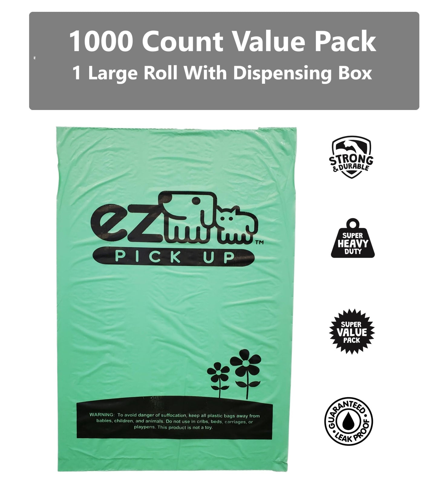 1000 Pet Waste Disposal Dog Poop Bags, EZ Pickup Bags Green (single roll, not on small rolls)