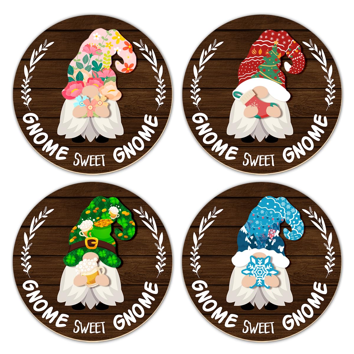 Interchangeable Gnome Welcome Sign Summer Patriotic 4th of July Door Decoration, Changeable Front Porch Decor Wood Wreath Gnomes Gifts for Spring Fall Winter All Seasons Holiday, Antique Brown