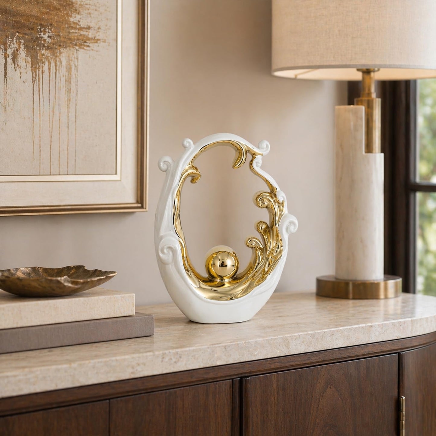 LINYTHER Abstract Ceramic Sculpture, White and Gold Modern Tabletop Statue Wave-Inspired, for Home Decor, Decorative Accent for Shelf, Mantel, Coffee Table, Console or Entryway