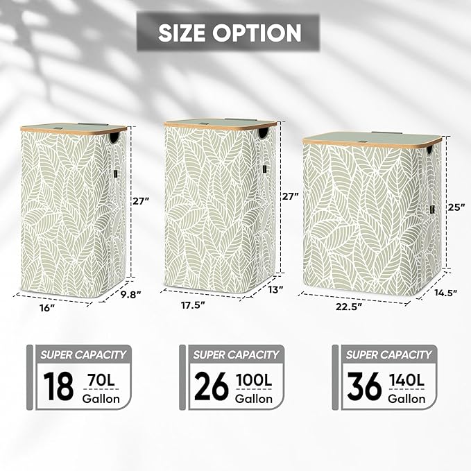 BALEINE Laundry Hamper with Lid, Tall Laundry Baskets with Bamboo Pull Handles