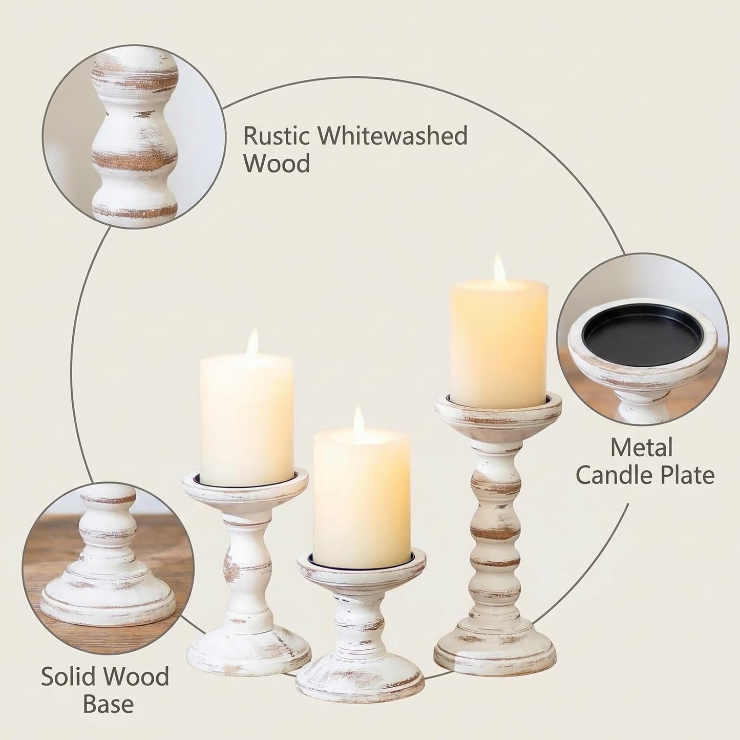 Romadedi Wood Candle Holders for Pillar Candles - Set of 3 Tall Farmhouse Wooden Candlestick Holder, Rustic Candle Stand for Fireplace Mantle Shelf Table Home Decor, Brown Whitewashed 3.9"/6"/ 8.3"