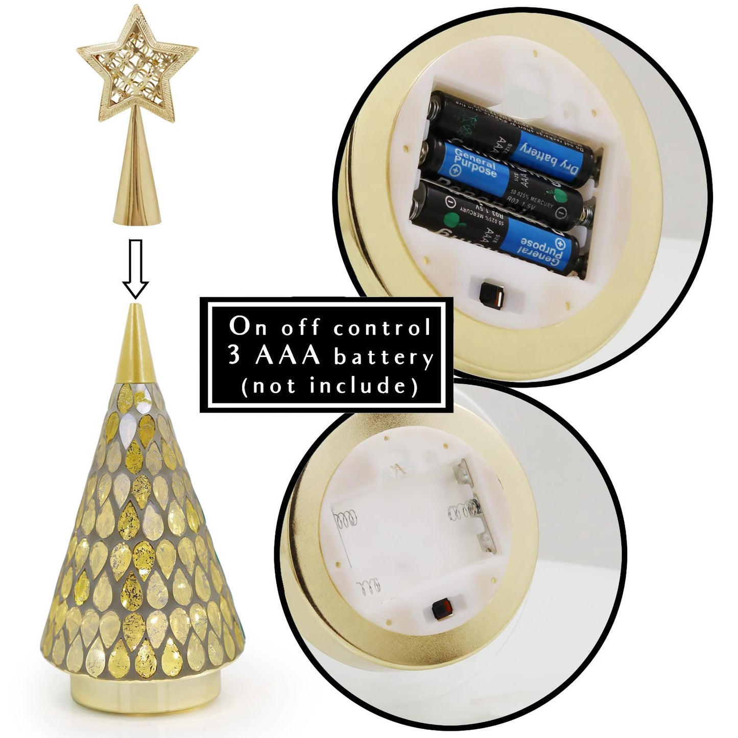 Mosaic Glass Christmas Tree Gold with Star, 3 PCS Small Tabletop Christmas Trees with Light, Battery Operated Xmas Tree for Bedroom Decor 11"