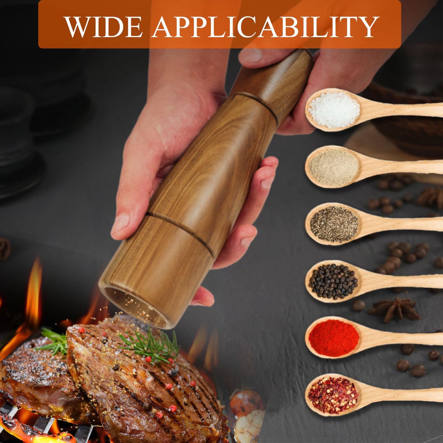 Pepper Grinder, VanlonPro Wooden Pepper Mill Salt Mill, 8 inch tall, Adjustable Coarseness Peppermill and easily refillable, Ceramic Grinding Mechanism