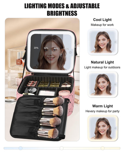 Relavel Travel Makeup Bag With LED Mirror, Cosmetic Train Case with Light up Mirror, Portable Makeup Artist Organizer Bag with Adjustable Dividers, Makeup Brush Holder Storage, Black