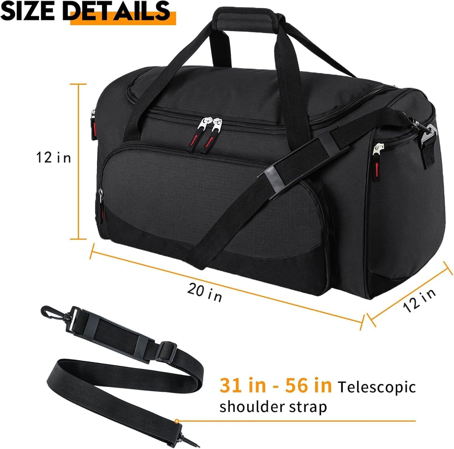 Uarition Gym Bag for Men - 50L Black Durable Large Duffle Bag for Travel, Workout, Fitness & Sport