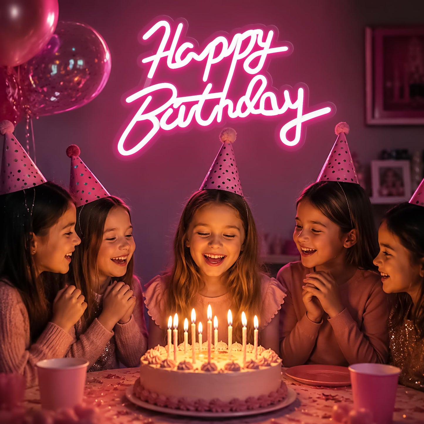Miootly Happy Birthday Neon Sign for Wall Party Decor, LED Happy Birthday Light up Sign for Backdrop, 16"x 11" USB Powered 10 Brightness Settings Light up Signs Party Decorations Backdrop, Pink