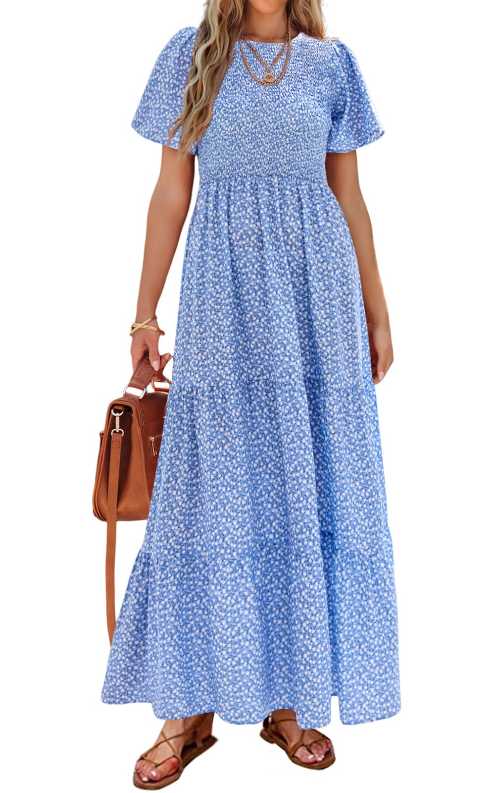 PRETTYGARDEN Women's 2025 Summer Casual Flutter Short Sleeve Boho Floral Maxi Dress Crew Neck Smocked Tiered Long Dresses