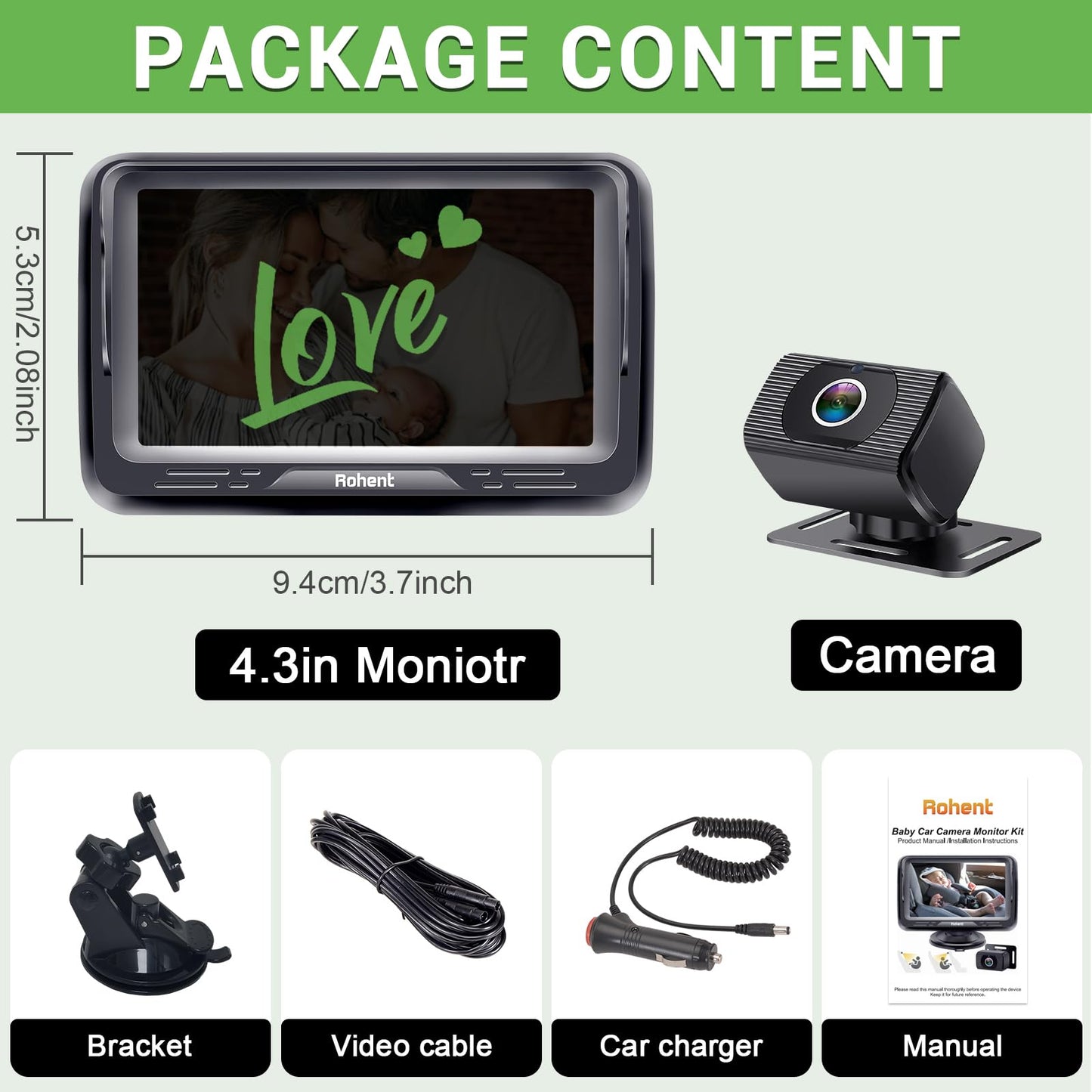 Baby Car Camera HD 1080P Baby Car Mirror 5 Mins Easy Installation Crystal Night Vision Infant Travel Safety Kit Rohent N06, Black, 4.3 Inch Screen
