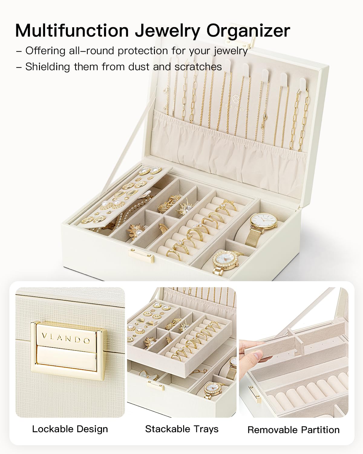 Vlando Jewellery Box, 2 Layer Jewellery Organiser with Watch Pillow, Jewellery Storage Case for Necklace,Bracelets, Earring Storage Organiser, Gift for Women,White