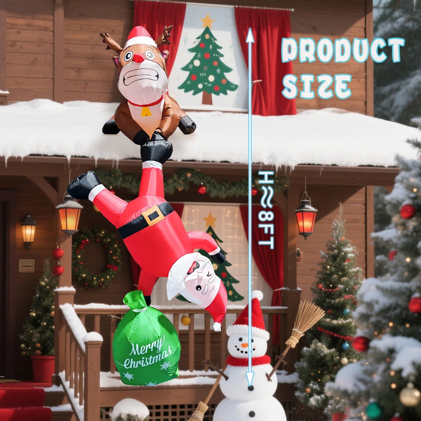 8FT Hanging Christmas Inflatable Outdoor Decoration,Christmas Inflatables Reindeer Pulling Climbing Santa and Falling Gift Box Bags with Build-in LED Lights for Holiday Party Roof Balcony Window