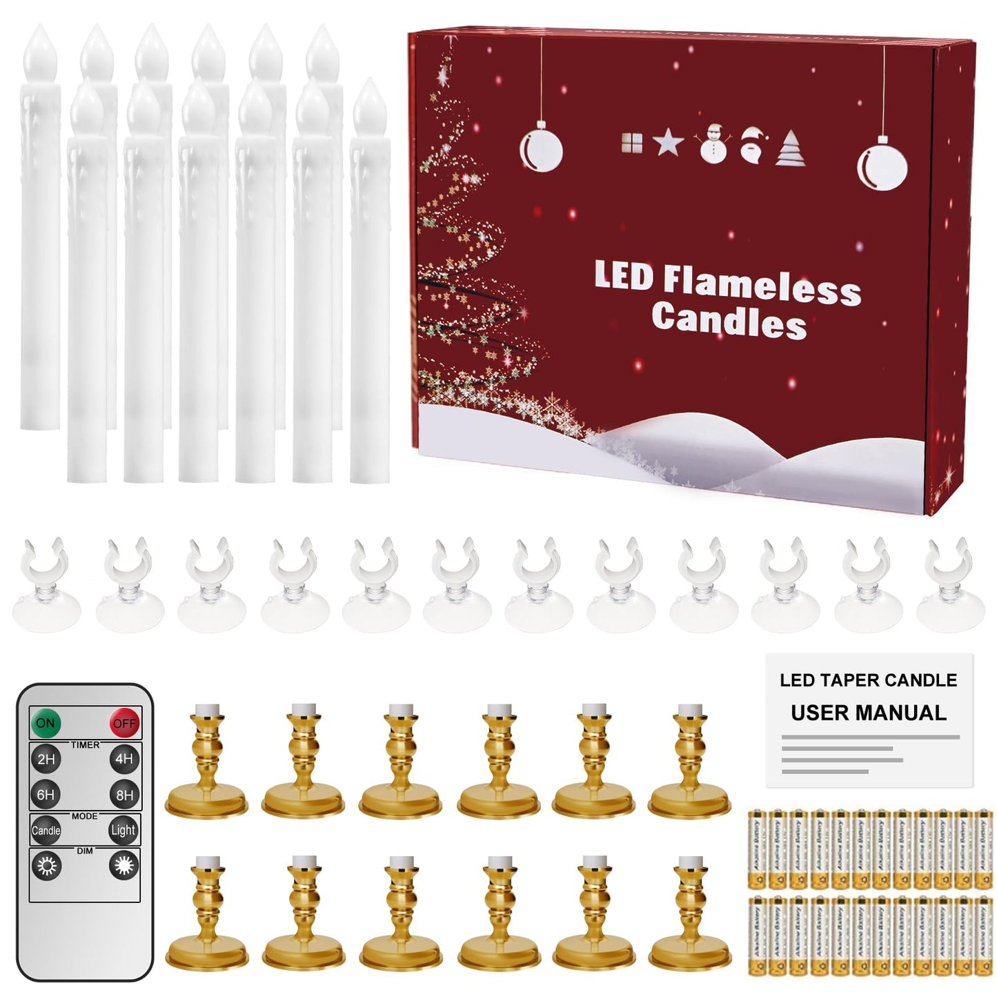 Kithouse 12 Pack Flameless LED Window Candles with Drip Texture,Removable Candle Holders,24 AAA Batteries,Daily Timer,ON/Off Remote,12 Window Suction Cups,Christmas Home Wedding Decor(Gold)