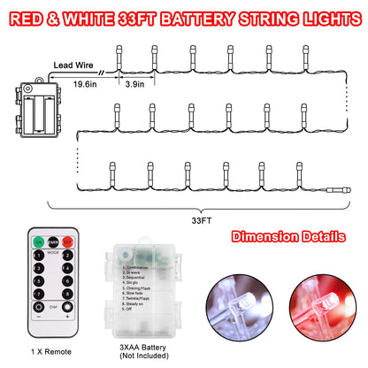 DBFAIRY 2PACK Red White Battery Christmas String Lights 32.8Ft 100LEDs, Battery Operated Wreath String Lights 8 Modes with Remote Timer Christmas Decoration for Tree Patio Garden Yard