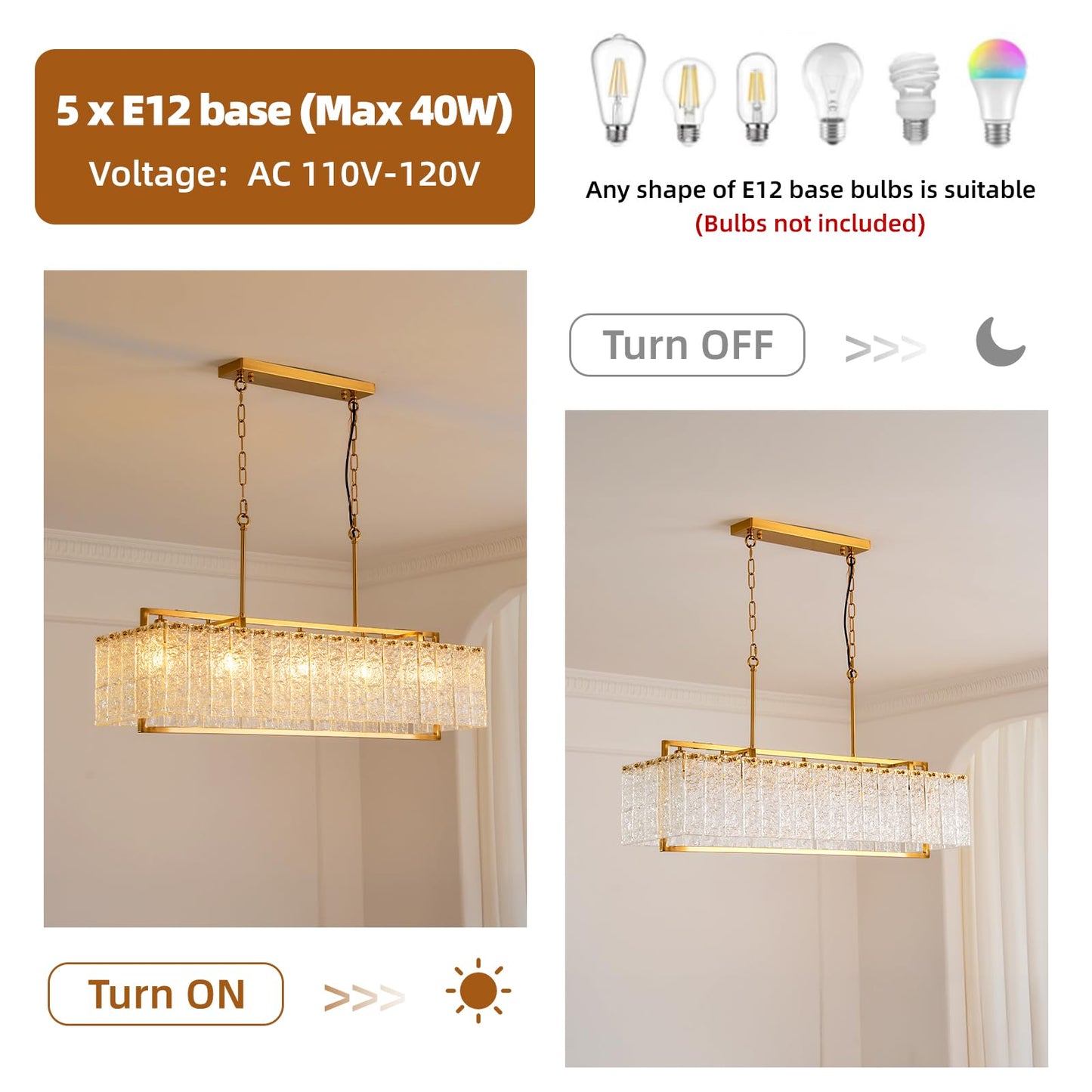 HSMKL Modern Rectangular Crystal Chandelier for Dining Room Gold Rectangle Water Ripple Glass Pendant Ceiling Light 5-Lights Hanging Light Fixture for Living Room Kitchen Island L39" x W11.8" x H11"