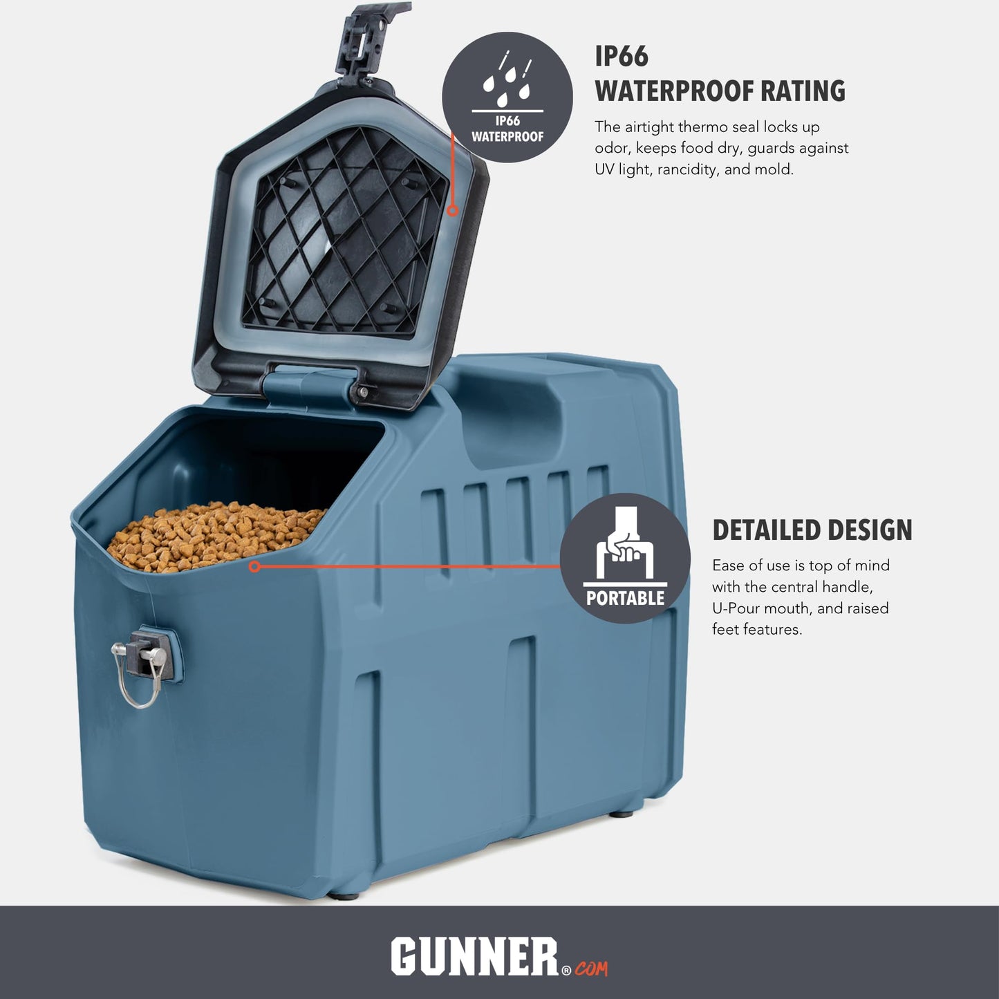GUNNER 50 lbs Dog Food Storage Container with Measuring Scoop – Waterproof & Airtight Pet Food Bin for Dry Food, Corn, Chicken Feed, Bird Seed & Treats – 3 Cup Ergonomic Scooper with Markers - Blue