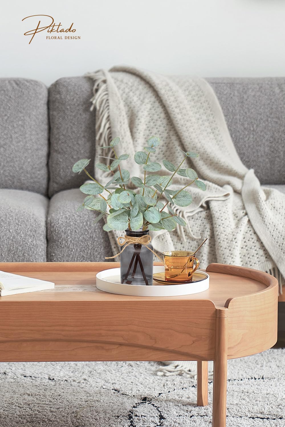 Piklado Artificial Eucalyptus Stems in Vase with Faux Water,Fake Plants for Bathroom,Coffee Table,Green Leaves for Centerpiece,Faux Greenery Plants Decorations.(Green-Black Bottle)