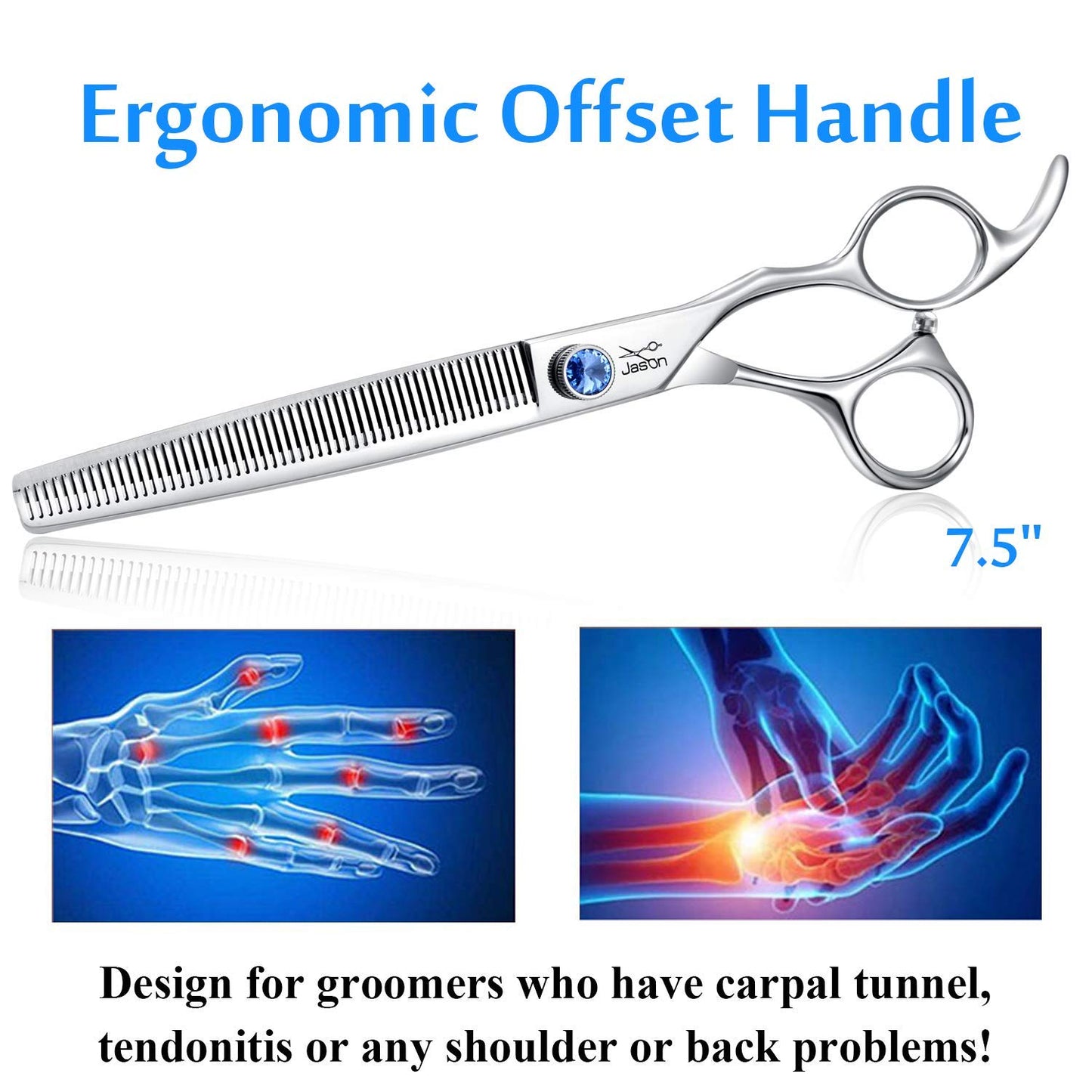 JASON 7.5" 56 Teeth Blending Dogs Grooming Scissors Cats Thinning Shears Pets Blender Thinner Trimming Texturizing Kit with Offset Handle Blue Jewelled Screw