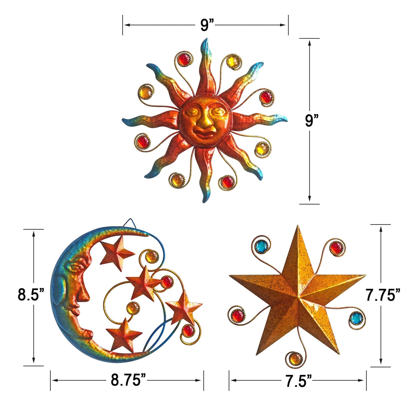 Limygus Set of 3 Celestial Sun Moon Star Metal Silhouette Wall Art, Waterproof Hanging Decor for Home Bedroom Bathroom Office