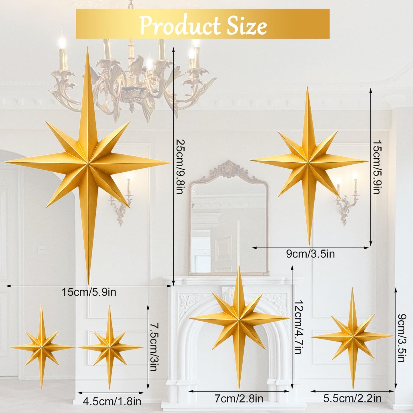 Shudyear 6 Pack Starburst Wall Decor Set, 3D Retro Mid Century Modern Star Wall Art, Gold/Black Plastic Celestial Wall Sculptures for Living Room, Bedroom, Apartment Decor (Gold)