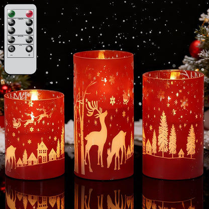Wondise Red Christmas Reindeer LED Flameless Candles with Remote Timer, Electroplate Glass Battery Operated Real Wax Flickering 3D Wick Pillar Candles for Christmas Holiday Home Decoration