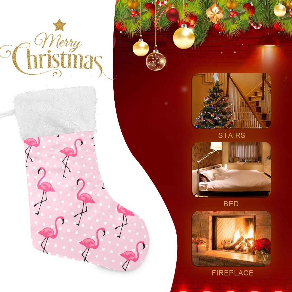 Blueangle White Dots Flamingo Christmas Stockings 17.7 Inch Gift Holders for Party Holiday Decorations Ornaments (1 Pack)