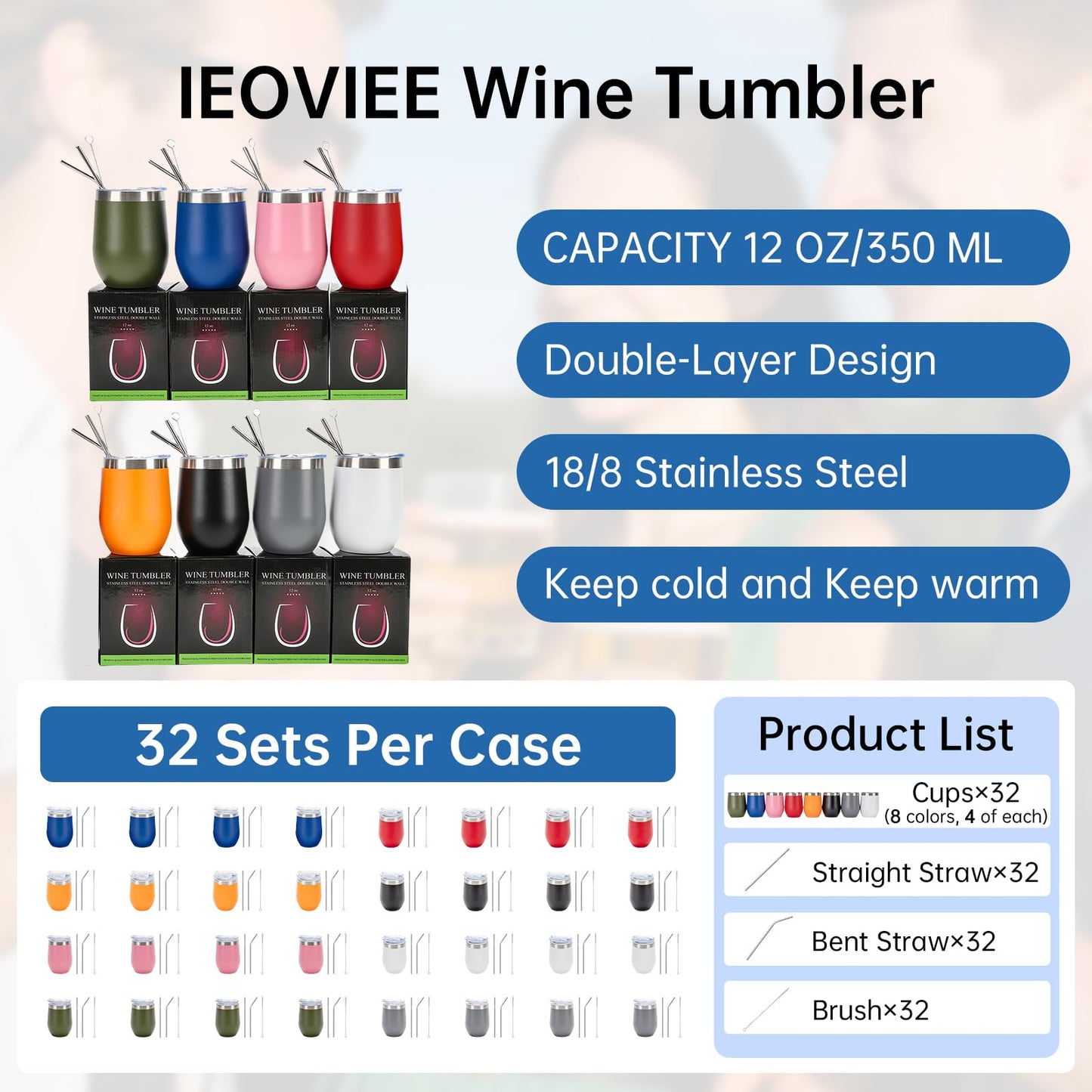 IEOVIEE 32 Pack 12oz Stainless Steel Wine Bulk Tumblers with Lids and Straws, Vacuum Insulated Double Wall Travel Coffee&Beer Mugs, Powder Coated Tumbler Bulk Cup for Cold and Hot Drinks(Mixed color)