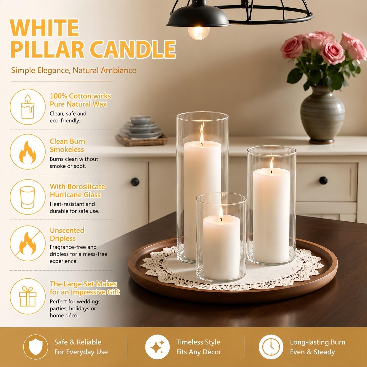 FFUW 24 Pcs White Pillar Candles with Glass Candle Holder Hurricane Glass Candle Holders Clear Cylinder Vases for Centerpieces Wedding Office Party Home Table Decor