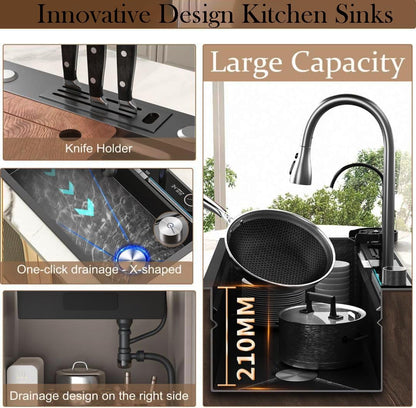 31.5x17.7 Inch Waterfall Kitchen Sink, Black Single Bowl Sinks Pull Down Sprayhead Faucet Kitchen Sink with Cup Washer
