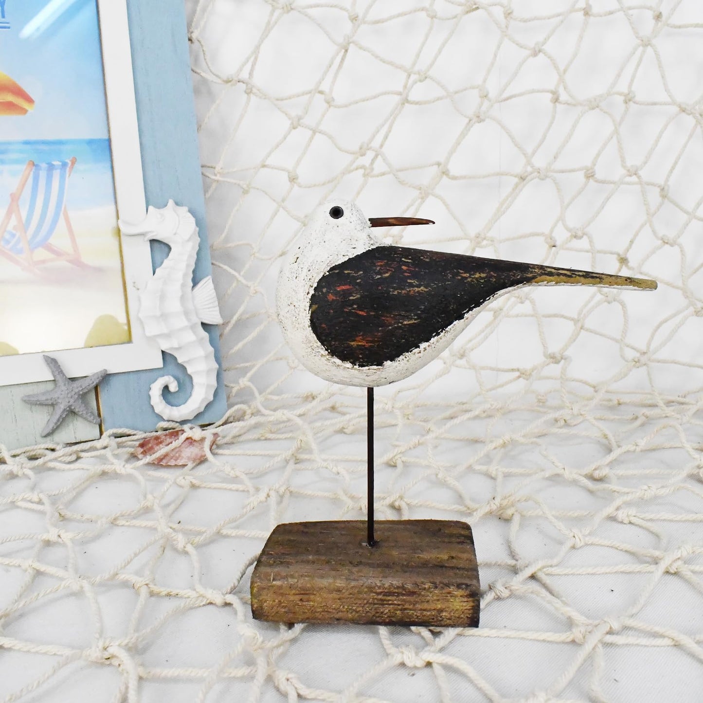 Wood Sea Bird Statue Seagull On Stand Decor Nautical Coastal Bird Sculpture