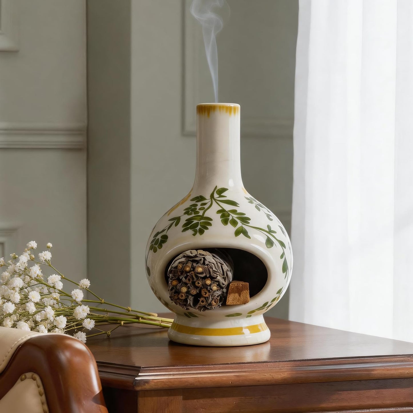 MOUGIGI Palo Santo Burner with Chimney-Unique Ceramic Incense Holder for Sage and Cones-Retro Ice Crackle Design-Perfect for Meditation,Yoga, Home Decor-Ideal Gift for Aromatherapy Lovers
