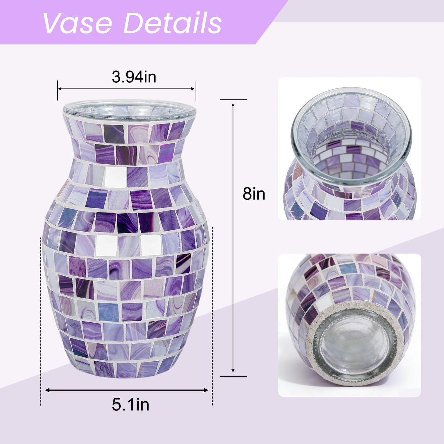 Mosaic Glass Vase, Silver Crackle Glass Vase, Shiny Modern Decor Handmade Vase, Glitter Mosaic Accent Container Table Centerpiece for Home Decor Office Living Room Bookshelves Wedding (Purple)