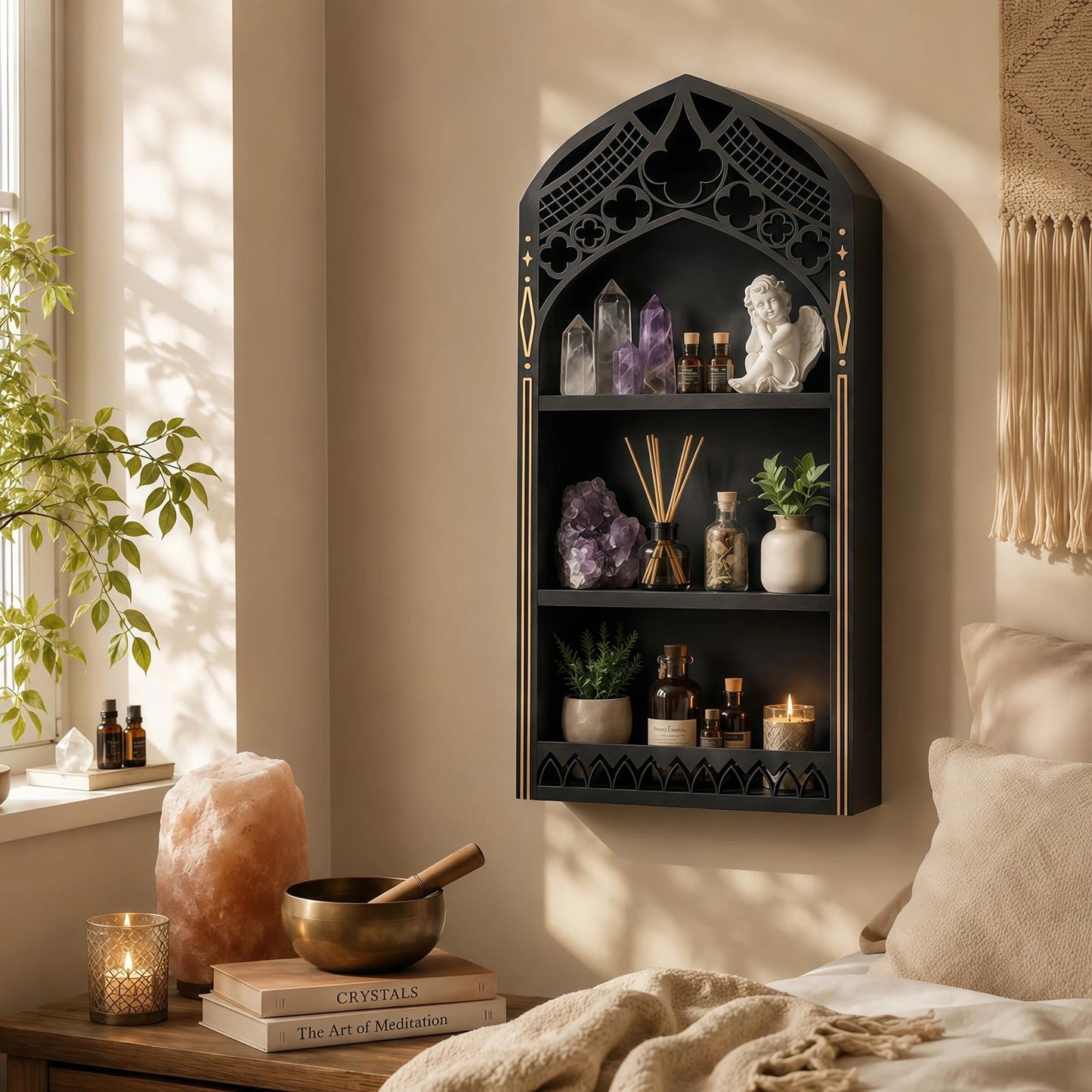 HBSGS Gothic Window Crystal Display Shelf, 1.96" Deep Wooden Wall Mounted Gemstone Crystal Holder, Witchy Decor Trinket Organizer for Healing Stones -2026 Upgraded (Window-7.9" W x 15.7" H)