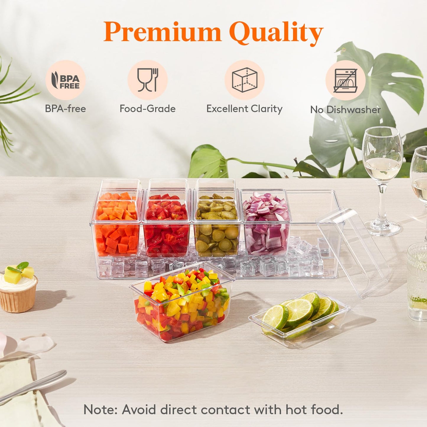 Lifewit Chilled Condiment Caddy with 5 x 20 oz Containers, Compact 15" Garnish Tray with Lids for Bartenders, Taco Bar Party Serving Set & Dirty Soda Bar Supplies, Ideal for Fruit, Salad, Toppings