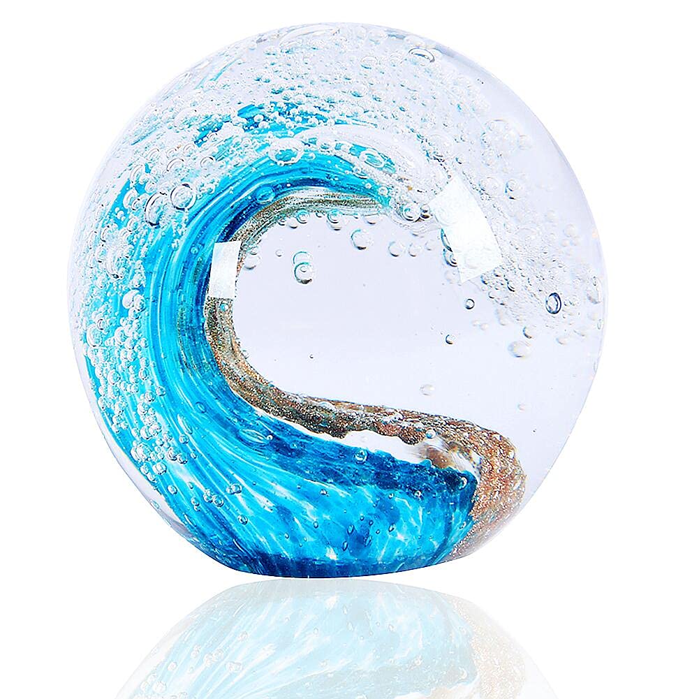 EUSTUMA Hand Blown Glass Figurines Ball Ocean Waves,Office Paperweight Glass for Desk,Home Decor Collectible,Aquarium Decor,Office Decor Ocean Lovers (Waves)