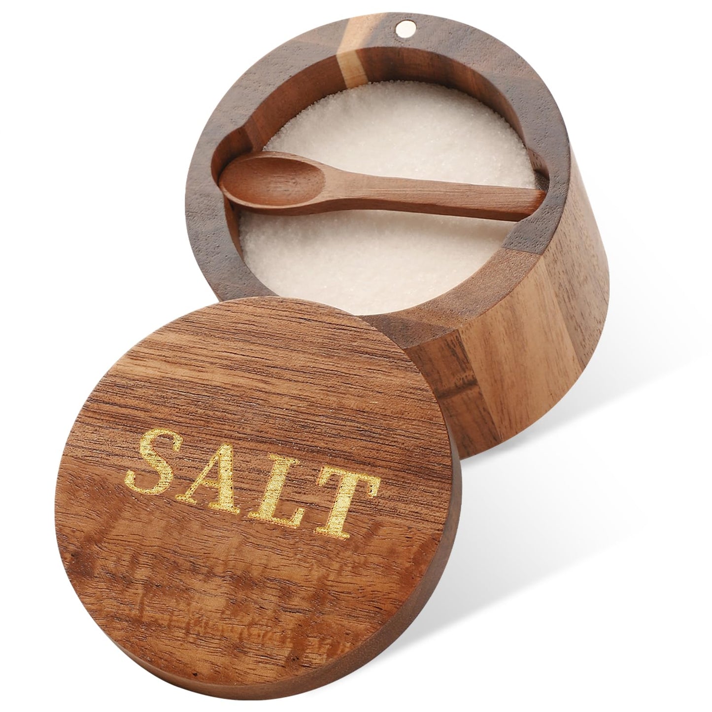 Timtopno Salt Cellar, Acacia Wood Salt Container with Built-in Spoon & Swivel Lid, Engraved SALT Box, Salt Holder Bowl for Countertop Seasoning Storage